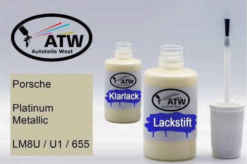 Porsche, Platinum Metallic, LM8U / U1 / 655: 20ml Lackstift + 20ml Klarlack - Set, von ATW Autoteile West.